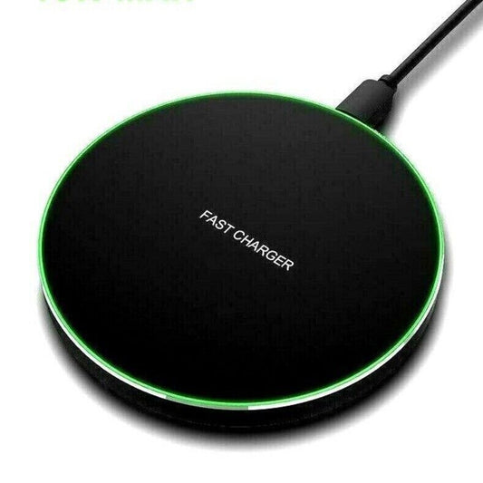 Black wireless charger with 'FAST CHARGER' text on a white background