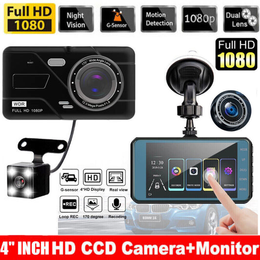 Car dashboard camera system with multiple cameras and display on a white background